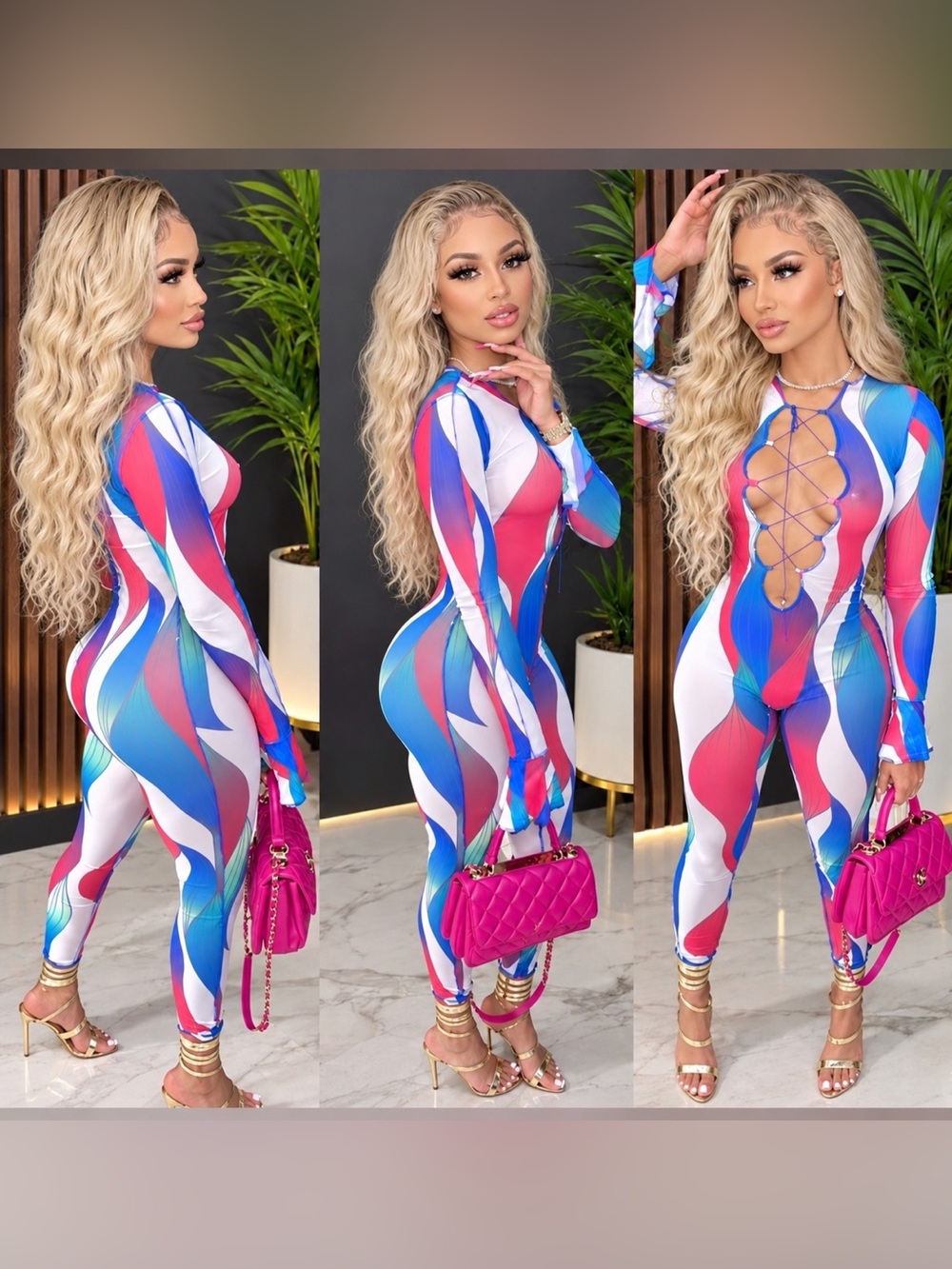 Women's Multicolor Lace-Up Jumpsuit - Pink & Blue
